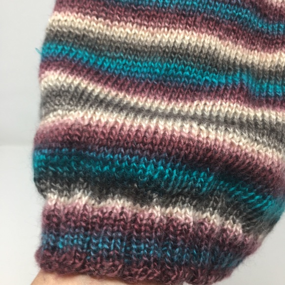 Handknitted Striped Burgundy Teal Cream Grey Ribbed Edge Unisex Slouchy Hat - Picture 8 of 16